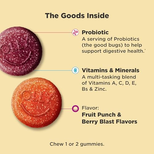 OLLY Kids Multivitamin & Probiotic Gummy, Digestive Support, Vitamins A, D, C, E, B, Zinc, Chewable Supplement, Berry Flavored, 50 Day Supply - 100 Count