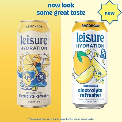Leisure Hydration Non-Carbonated Electrolyte Refresher, Lemonade Flavor - Low Sugar Nutrient Enhanced Water Beverage - Get The Best Hydration Packed w/ Magnesium & Ashwagandha For Mood & Stress Support, Non-GMO, 16 oz (12-Cans)