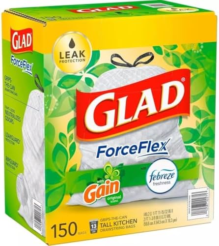 GLAD ForceFlex Tall Kitchen Drawstring White Trash Bags, Gain Original Scent with Febreze Freshness (13 gal, 150 ct.)