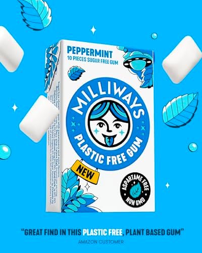 Milliways Peppermint | Plastic Free Gum | Xylitol, Aspartame-Free, Sugar-Free, Plant-Based, Natural Chewing Gum | 40 Pieces Total (4 Packs of 10 Pieces)