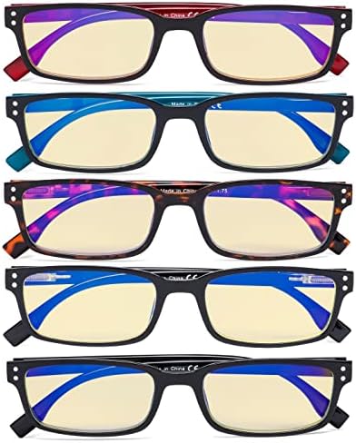 Eyekepper 5 Pack Blue Light Filter Glasses Classic Rectangular Computer Reading Glasses Yellow Tinted +0.75