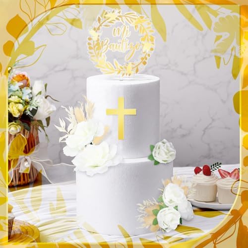 9 Pcs Mi Bautizo Cake Topper Gold Cross and Dried Flower Decor Set First Holy Communion Baptism Cake Pick Religious God Bless Baptism Cake Decoration for Celebration Milestones Decor
