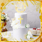 9 Pcs Mi Bautizo Cake Topper Gold Cross and Dried Flower Decor Set First Holy Communion Baptism Cake Pick Religious God Bless Baptism Cake Decoration for Celebration Milestones Decor