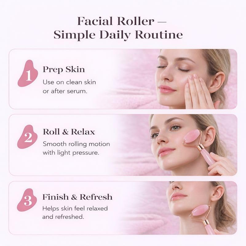 Natural Resin Jade Roller & Gua Sha Set for Face, Pink Facial Massage Tools, Wrinkle Lifting Skincare Roller, Daily Beauty Care