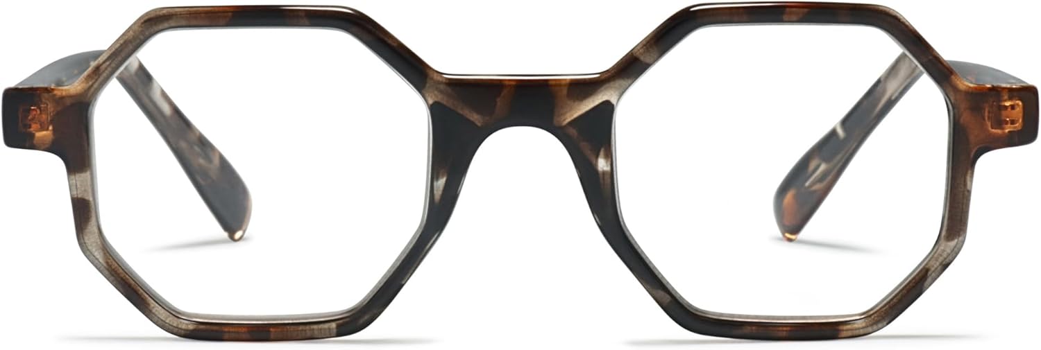 2SeeLife Oversized Hexagon TR-90 Reading Glasses for Men & Women – Medium–Wide Fit, Durable, Spring Hinges, Premium Readers, Brown Tortoise, +1.50