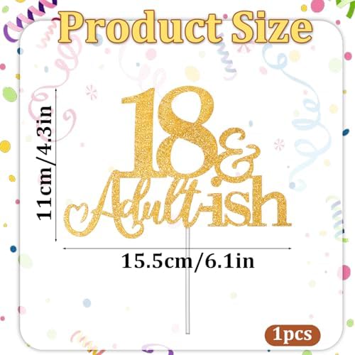 18th Birthday Cake Topper, Happy 18th Birthday Cake Topper Adultish Toppers for 18 Years Old Black Bday Decor Glitter Supplies(Gold)