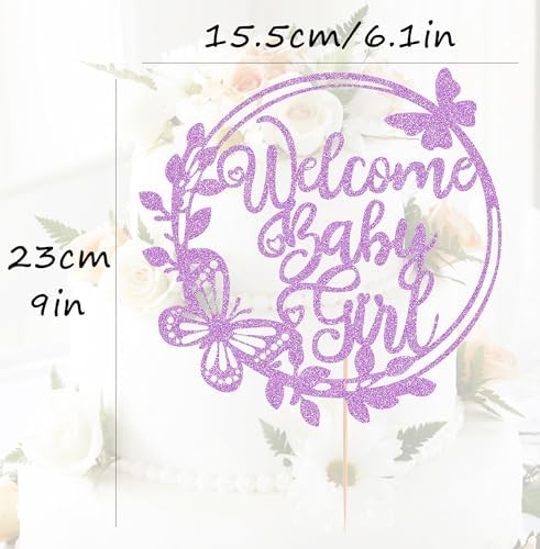Welcome Baby Girl Cake Topper - Light Purple Glitter Baby Shower Cake Decorations, Baby Girl Cake Decor, for Baby Shower/Birthday Party/Gender Reveal Party Photo Booth Props