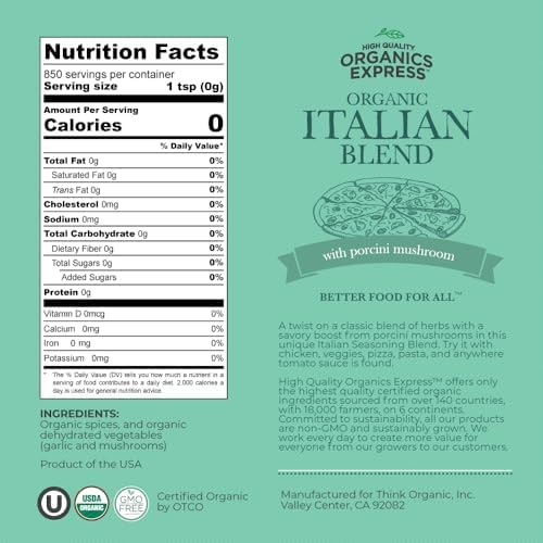HQOExpress Organic Northern Italian Seasoning – Non GMO, Kosher, USDA Certified Organic Dried Herb Mix with Rosemary, Oregano and Basil Leaves for Pastas, Pizza and Meatballs, 12 oz. Chef Jar
