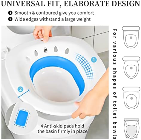 Sitz Bath for Toilet Hemorrhoids Postpartum Care, Perineal Soaking Bath Over the Toilet Seat, Collapsible Sitz Basin with Flusher for Vaginal Anal Inflammation Treatment, Yoni Steam Seat, White/Blue