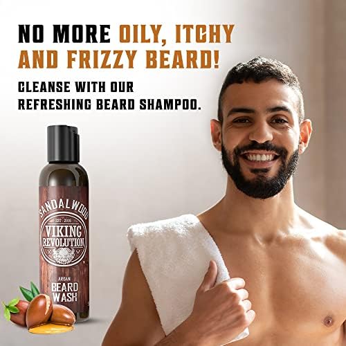 Viking Revolution Beard Wash & Beard Conditioner Set w/Argan & Jojoba Oils - Softens & Strengthens - Natural Beard Shampoo w/Beard Oil Sandalwood (5oz)