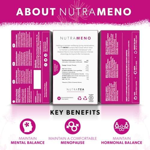 Nutra Tea NutraMeno - Menopause Tea, Red Clover Tea - Perimenopause & Menopause Relief For Women - Includes Red Clover, Sage & Rose - 20 Individually Wrapped Bags - Herbal Infusion (1 Pack)