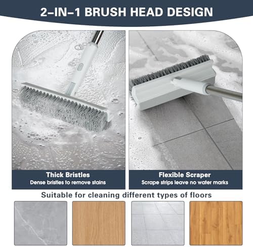 Floor Scrub Brush with Long Handle, 2 in 1 V-Shape Grout Brush with Squeegee + 2 Crevice Cleaning Brushes, Heavy Duty Stiff Bristle Scrubber Brush for Cleaning Shower Bathroom Kitchen Tile