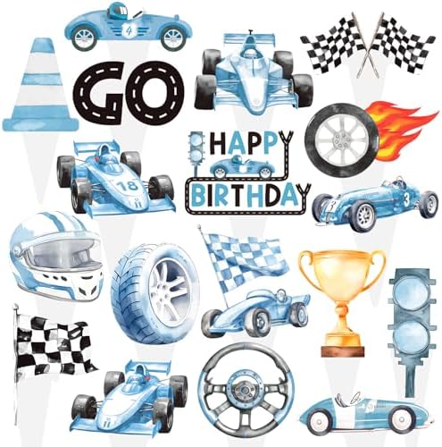 Racing Car Birthday Cupcake Toppers 48Pcs Blue Race Car Birthday Party Decorations Checkered Flag Cupcake Picks Race Car Birthday Party Supplies for Racing Themed Baby Shower Decor