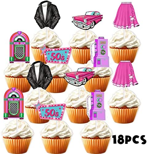 18pcs Pink Glitter Dessert Cupcake Topper Retro 50s Theme Theme Decor Supplies Happy Birthday Decorations