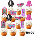 18pcs Pink Glitter Dessert Cupcake Topper Retro 50s Theme Theme Decor Supplies Happy Birthday Decorations