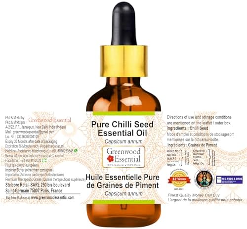 Greenwood Essential Pure Chilli Seed Essential Oil (Capsicum annum) with Glass Dropper Steam Distilled 100ml (3.38 oz)
