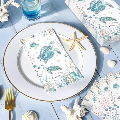 100 Pcs Coastal Turtle Paper Napkins 3 Ply Nautical Ocean Green Sea Turtles Disposable Absorbent Hand Towels Coral Starfish Guest Bathroom Napkins for Holiday Beach Summer Birthday Party Supplies