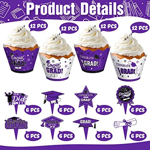 Lincia 96 Pcs 2026 Graduation Cupcake Toppers 2026 Graduation Cupcake Liners Decorations with Picks, Grad Party Supplies Cake Topper and Wrappers(Purple)