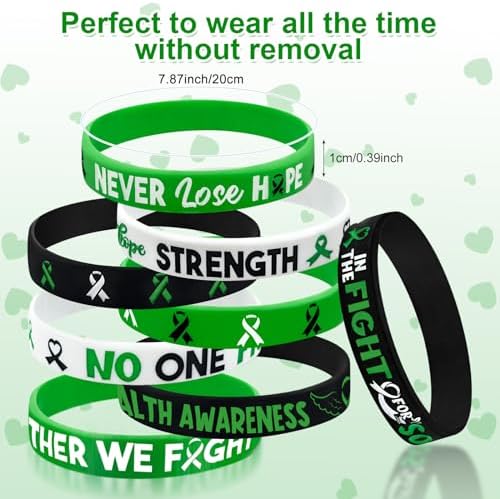 Cinrobiye 30 Pcs Mental Health Awareness Silicone Bracelets, Green Ribbon Wristbands with Faith, Courage, Hope, Strength for Men Women, Mental Health Month Gifts, Fundraisers, Party Favors, Stocking Stuffers