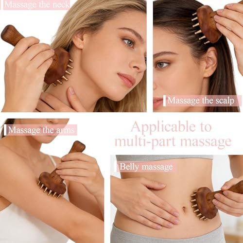 24teeth Copper Head Massage Comb for Body and Scalp Meridian Point Massager Brush for Body and Scalp Relief Body Massage Brush for Cellulite Remover Chinese SPA Gua Sha Tool Wooden Handle