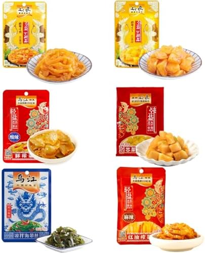Fermented Spicy Pickled Vegetables - Individually Packaged Asian Flavor Pickles, The Ideal Accompaniment to Meals, Dried Kelp Spicy Radish Zhacai 6-Flavor Assortment榨菜海带丝麻辣萝卜干