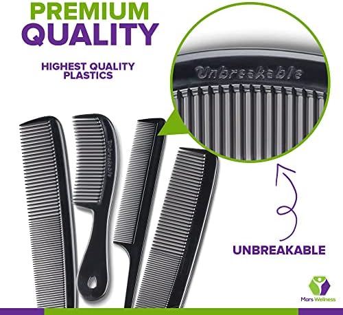 Mars Wellness 4 Piece Professional Comb Set Black - USA MADE - Fine Pro Tail Combs, Dresser Hair Comb Styling Comb - Premium Grade for Men and Women - Parting Teasing and Styling