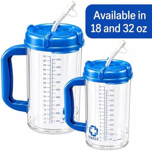 Vakly Hospital Carafe Insulated Double-Walled Graduated Water Tracking Bottle 18 oz – Refillable Hot & Cold Bottle with Flexible Straw and Pouring/Sipping Spout for Bedside or Patient Care