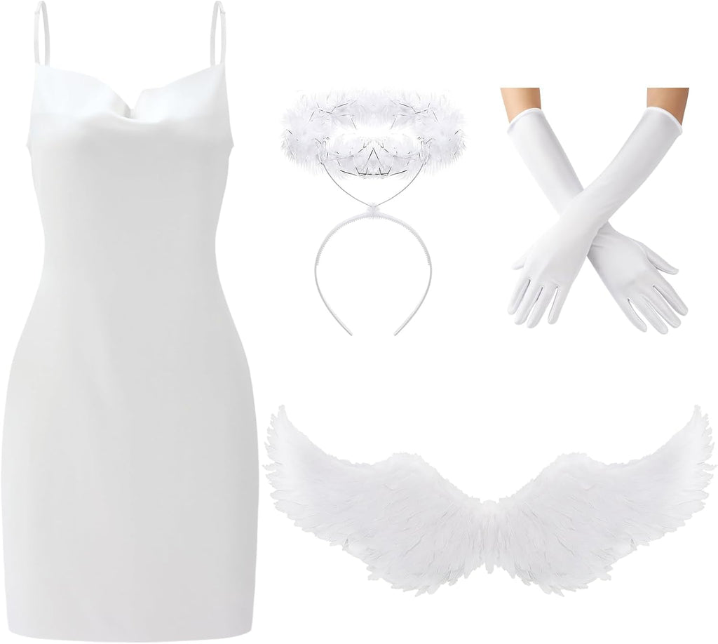 Maiteenly 4 Pcs Angel Costume Women Adult, White Angel Headband and Wings Satin Sleeveless Dress Gloves for Halloween Party