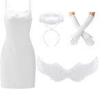 Maiteenly 4 Pcs Angel Costume Women Adult, White Angel Headband and Wings Satin Sleeveless Dress Gloves for Halloween Party