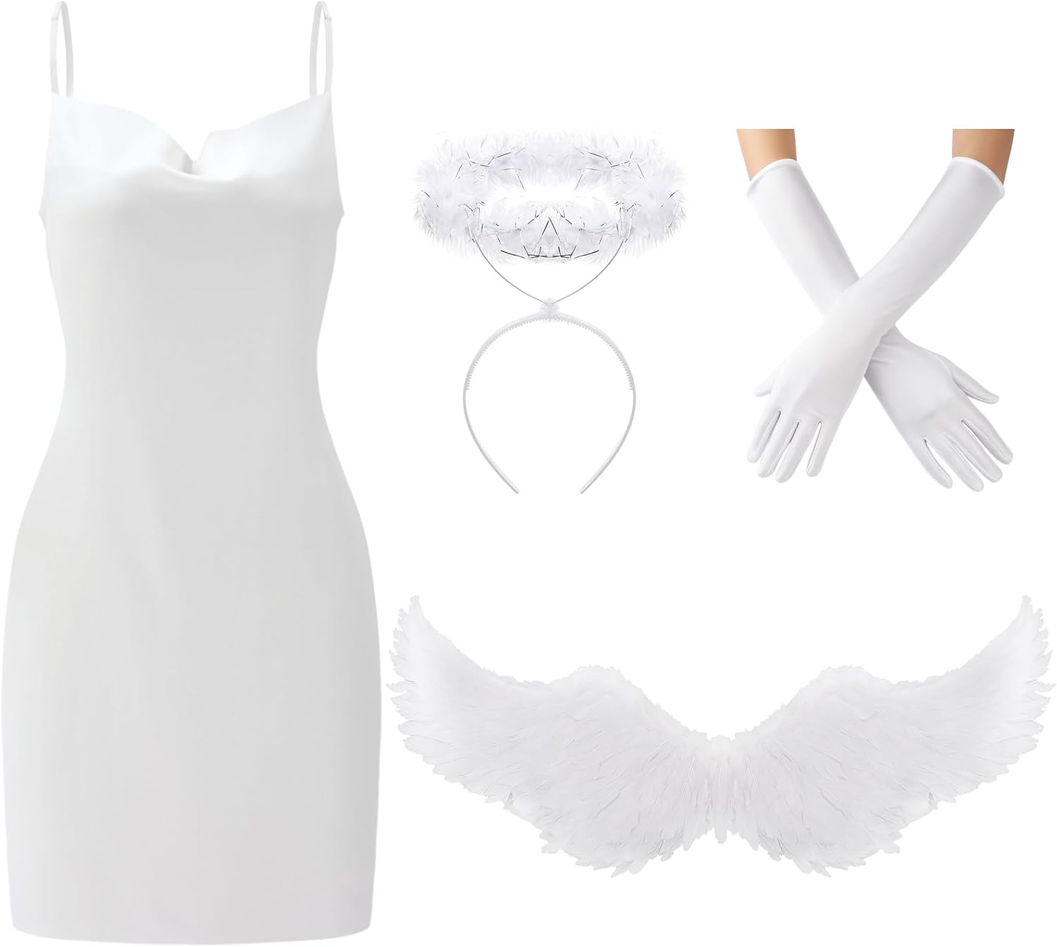 Maiteenly 4 Pcs Angel Costume Women Adult, White Angel Headband and Wings Satin Sleeveless Dress Gloves for Halloween Party