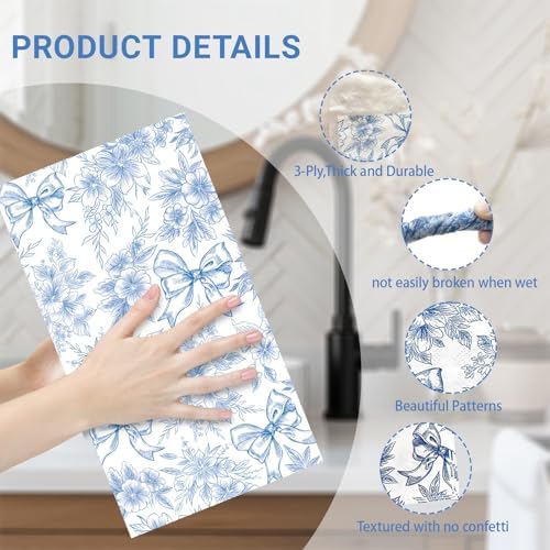 100 PCS Blue Napkins Disposable, Blue Bow Floral Napkins, 3 Ply Printed Decorative Flower Guest Napkin, Chinoiserie Napkin, Bridal Shower Wedding Decorations, Birthday Table Party Supplies