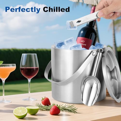 3L Stainless Steel Ice Bucket – Double-Wall Insulated Cooler Keeps Ice Frozen Longer for Wine, Champagne & Beer,Includes Lid, Handle, Tong & Scoop