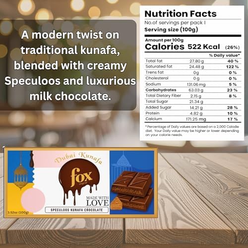 Fox Dessert Speculoos Kunafa Chocolate 100g (3.52 oz), Premium Dubai Fusion Treat with Crispy Kunafa & Rich Milk Chocolate
