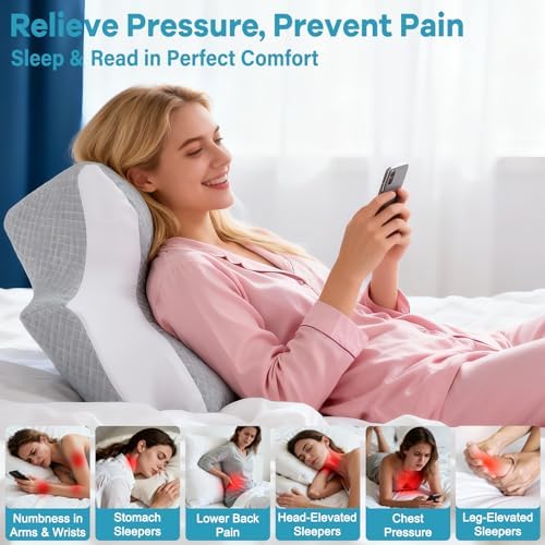 Reading Pillow for Bed, Ergonomic Memory Foam Wedge Pillow for Reading, Lounging & Prone Use, Neck/Back/Chin Support for Sofa, Floor or Bed, Removable Breathable Cover, Grey