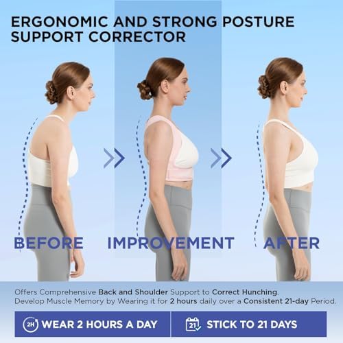 Vicorrect Posture Corrector for Women and Men: Adjustable Brace Straps for Upper Back Pain Relief and Shoulder Support (Pink, M/L)