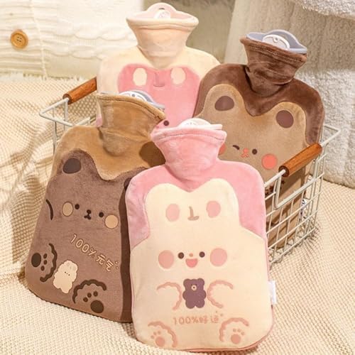 Cute Hot Water Bottles, 1L (34oz) Large Hot Water Bag with Cartoon Plush Cover for Hot and Cold Compress,Hand Feet Warmer, Neck and Shoulder Pain Relief (Beige Lucky Rabbit, 500ML-12.5 * 21CM)