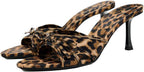 YIYA Women's Leopard Print Mules Heels with Bow Open Round Toe Stiletto High Heels Party Dress Slip On Backless Sandals