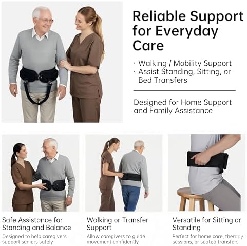 Gait Belt, Upgraded with Metal Buckle & Detachable Leg Straps, 7 Reinforced Handles, Transfer & Lift Belt for Seniors & Elderly, Walking Support and Mobility Assistance (Black, Medium)