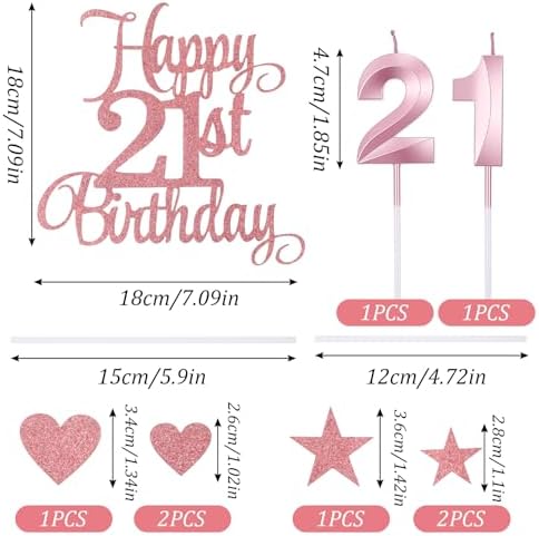 21st Birthday Cake Topper, Happy 21st Birthday Candles Numeral Candles and Glitter Cake Decorations Toppers Set Rose Gold Glitter Cheers to 21 Years Fabulous Cakes Decoration for Party Supplies