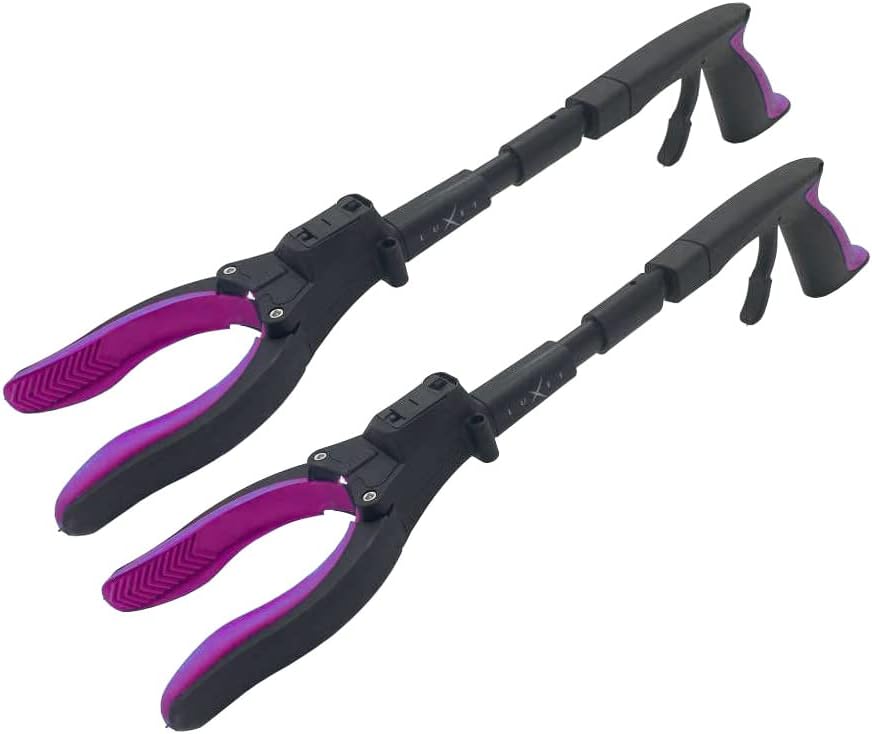 Grabber Tool 19" Aluminum Magnetic Claw with LED Light, Lightweight Foldable Reacher Grabber Pickup Tool, Gripper Grabbers for Elderly Grab Reaching Tool Trash Picker Grabber, Pink, By Luxet 2-Pack