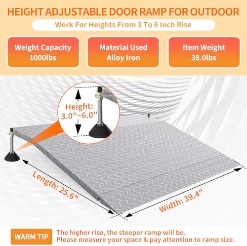 YEEZOO Door Threshold ramp with Adjustable Height for 3.0“ to 6.0" Height Rise, Doorway ramp Threshold for wheelchairs/carts/Walker/Scooter (25.6L*39.4" W, Alloy Iron, 38LBs)