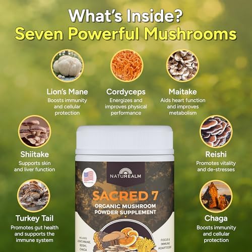 Naturealm Sacred 7 Organic Mushroom Powder Supplement | 60-Day Supply | 7-in-1 Blend with Lions Mane, Reishi, Chaga | Brain & Immune Support | 100% Fruiting Bodies for Coffee & Smoothies