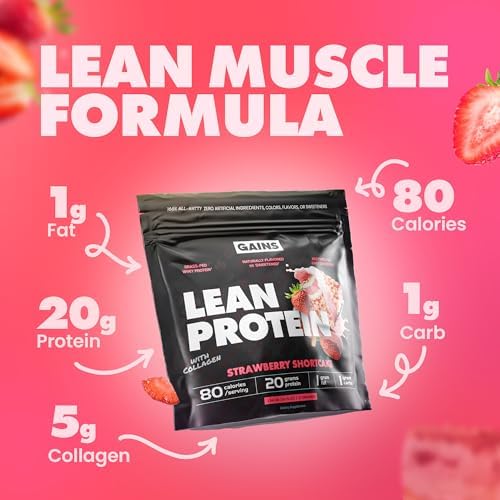 Gains in Bulk Lean Protein Powder With Collagen Peptides, Gluten Free Grass Fed Whey, 20 G Protein & 5 G Collagen, Plant Enzymes to Support Digestion, Natural Flavor, Strawberry Shortcake, 27 Servings