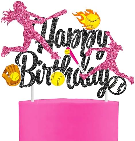 Softball Black Happy Birthday Cake Topper Softball Birthday Party Decoration Softball Themed Party Cake Topper for Girls Softball Baby Shower Decoration Sport Party Supplies
