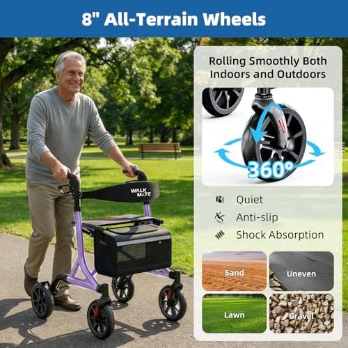WALK MATE Rollator Walker for Seniors with Cup Holder, Upgraded Thumb Press Button for Height Adjustment, 8 Inch Wheels Walker with Seat Folding 14.7lb Lightweight Walking Aid, 300 lb Capacity, Purple