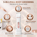 Bikini trimmer for Women,Electric Shaver for Women, IPX7 Waterproof Razor Shaver,Women's Electric Razor,Intimate Shaver for Women,with 5 Blades,USB-C Rechargeable,Recharge Dock（White)