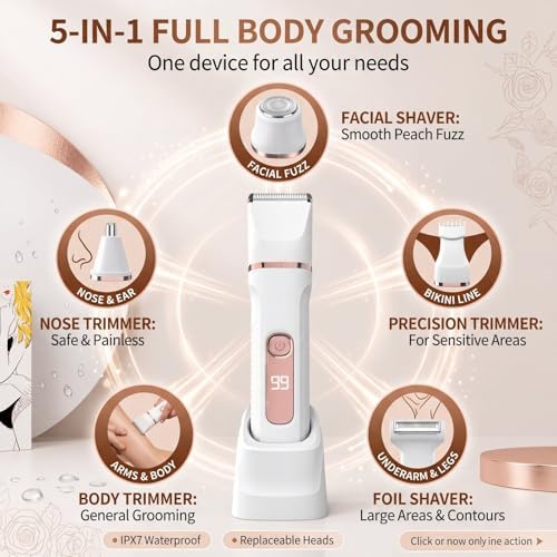 Bikini trimmer for Women,Electric Shaver for Women, IPX7 Waterproof Razor Shaver,Women's Electric Razor,Intimate Shaver for Women,with 5 Blades,USB-C Rechargeable,Recharge Dock（White)