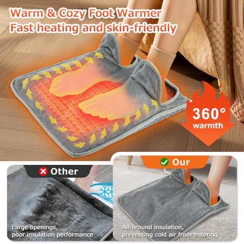 Electric Heated Foot Warmer for Men and Women, Foot Heating Pad Flannel Foot Heater with 2h Auto Off, Fast Heating Settings 4 Timers, Foot Heater for Bed,Under Desk,Office,Home Machine Washable, Gray