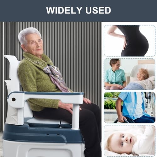 Bedside Commode for Seniors, Portable Anti-Slip Bedside Commode with Armrest Seat Height Adjustable, Rugged Construction Adult Potty Chair for Seniors Load 882Lbs Blue