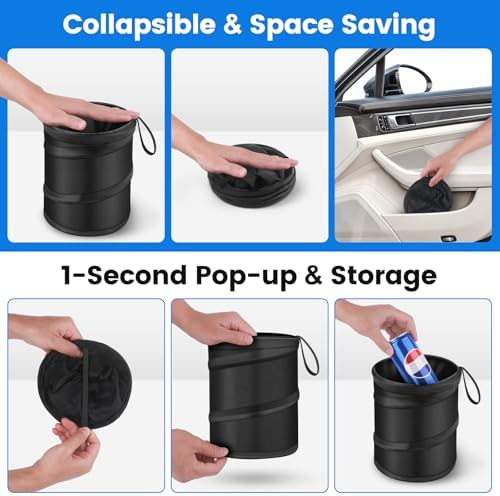 2 Pack Mini Trash Can for Car, Leakproof Pop-Up Car Trash Can with Hanging Loop, Washable Small Garbage Can Hanging Automotive Garbage Cans Trash Bin for Truck Auto SUV Vehicle RV Camping, 1 Gallon